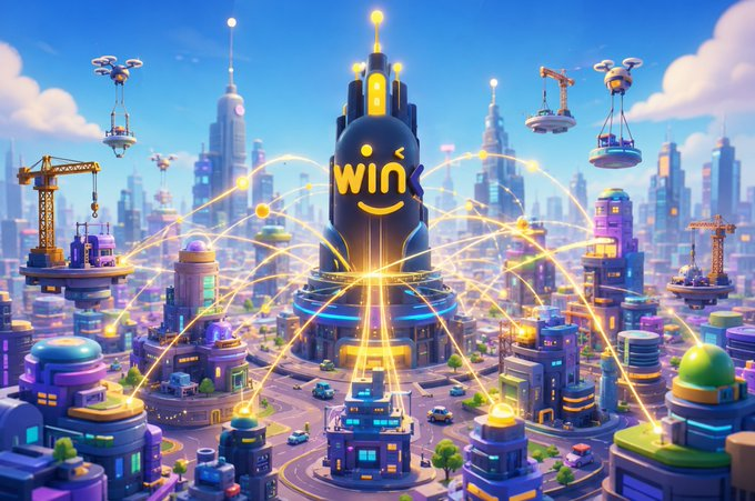 A futuristic cityscape centers on a glowing tower labeled "WINK," with radiant beams connecting it to surrounding buildings and drones—visually representing the interconnected, incentivized network of a cryptocurrency ecosystem. This imagery aligns with the post's theme of cryptoeconomic security, where staking and slashing mechanisms reinforce trust among distributed node operators.