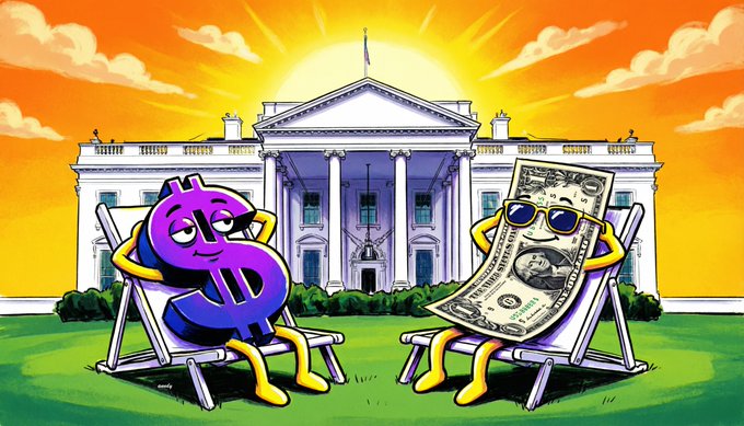 The image shows cartoon versions of a purple dollar sign and a $100 bill wearing sunglasses, lounging in beach chairs in front of the White House at sunset. Amid news that the CLARITY Act has died, the relaxed, unbothered expressions of these money characters visually represent how stablecoins—and their yields—remain thriving and undisturbed despite legislative setbacks.