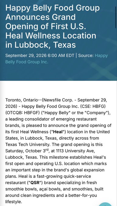 A news article headline reads 'Happy Belly Food Group Announces Grand Opening of First U.S. Heal Wellness Location in Lubbock, Texas', dated September 29, 2026, with the body text detailing the company's expansion plans for its Heal QSR brand.