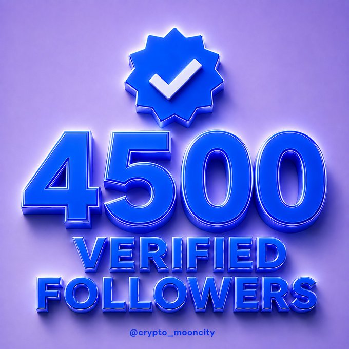 A glossy blue badge graphic reads “4500 VERIFIED FOLLOWERS” beneath a check-mark seal, matching the post’s call to reach 4.5K followers and grow together. The handle “@crypto_mooncity” appears at the bottom.