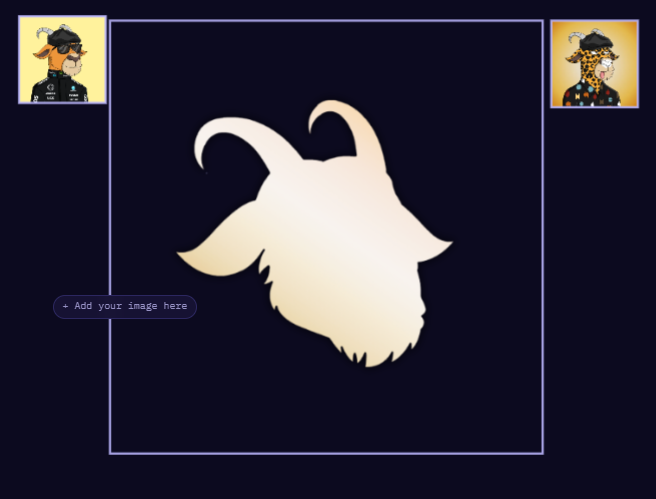 A digital interface showing a goat/beard silhouette placeholder image with the prompt '+ Add your image here' and two cartoon animal avatars in the top corners.