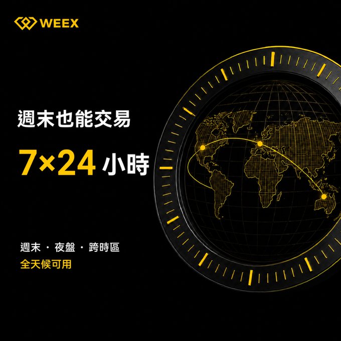 Black advertisement for "WEEEX" cryptocurrency trading, featuring a golden globe with clock markings and Chinese text stating "7×24" hours of trading availability.