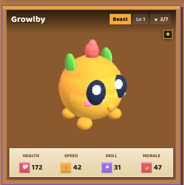 A mobile game interface displaying a yellow creature called 'Growlby' (Beast, Lv 1, ♀) with stats: Health 172, Speed 42, Skill 31, Morale 47.