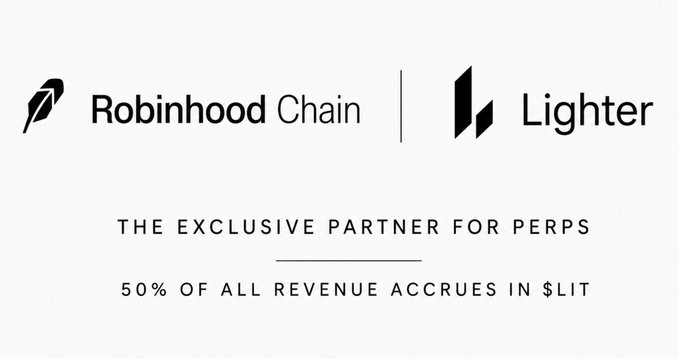 A promotional graphic displays the Robinhood Chain and Lighter logos side by side, stating 'THE EXCLUSIVE PARTNER FOR PERPS' and '50% OF ALL REVENUE ACCRUES IN $LIT'.