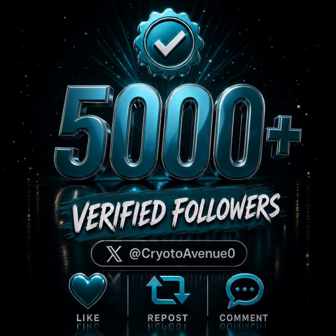 A promotional graphic advertises '5000+ Verified Followers' for the X account @CryotoAvenue0, with icons prompting to like, repost, and comment.