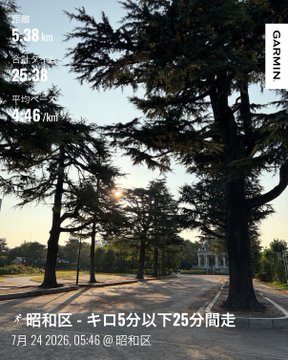 A Garmin fitness app screenshot shows running stats of 5.38km in 25:38 with 236 kcal burned, featuring a sunrise view through trees dated July 24, 2026.
