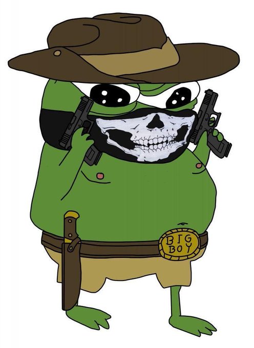 An illustrated green Pepe the Frog character dressed in an adventurer outfit with a brown safari hat and shorts, holding two pistols, wearing a 'BIG BOY' belt buckle, and featuring a skull-patterned bandana mask.