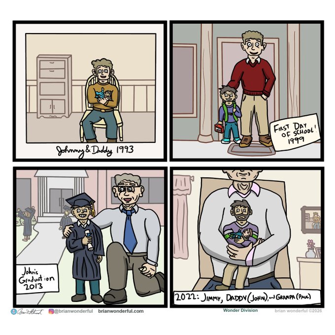 A four-panel comic by Brian Wonderful titled 'Wonder Division' showing a father and son across the years from 1993 to 2022, including milestones marked 'First Day of School! 1999' and 'John's Graduation 2013'.