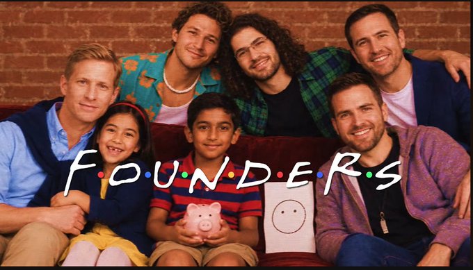 Group photo of the cast of the sitcom 'F.O.U.N.D.E.R.S' sitting together on a couch with children.