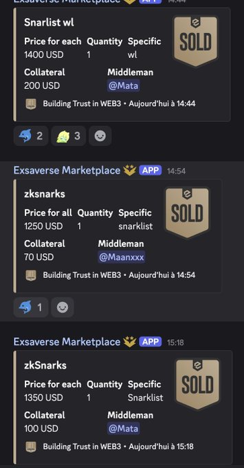 Screenshots of the Exsaverse Marketplace showing sold listings for 'Snarklist wl' (1400 USD) and 'zkSnarks' (1250-1350 USD) with middleman @Mata and @Maanxxx, tagged 'Building Trust in WEB3'.