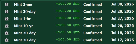 A cryptocurrency minting history log showing multiple successful mints of +100.00 $DD with statuses marked 'Confirmed' across dates in July 2026.