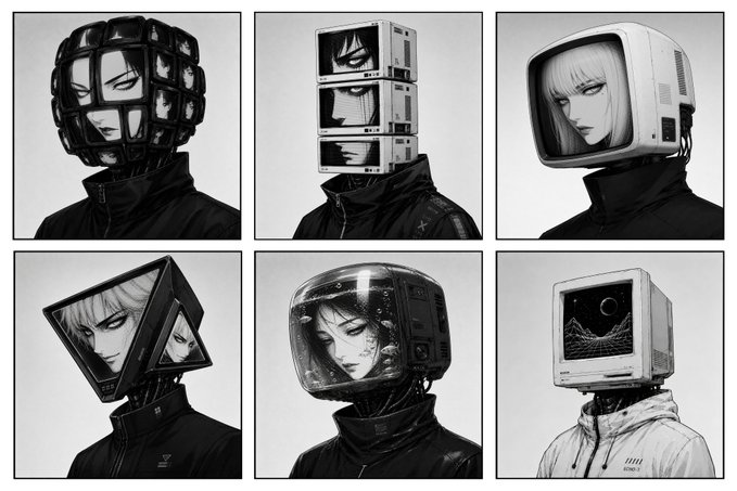 A grid of six black-and-white cyberpunk portraits featuring anime-style characters with monitors, TVs, and geometric shapes replacing their heads.