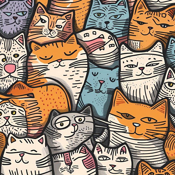 A colorful, densely packed illustration features numerous cartoon-style cat faces in various shades of orange, blue, gray, and white, each with distinct expressions and patterns. The whimsical artwork showcases the cats tightly arranged together with bold outlines and playful, quirky features like crossed eyes, grins, and whiskers.