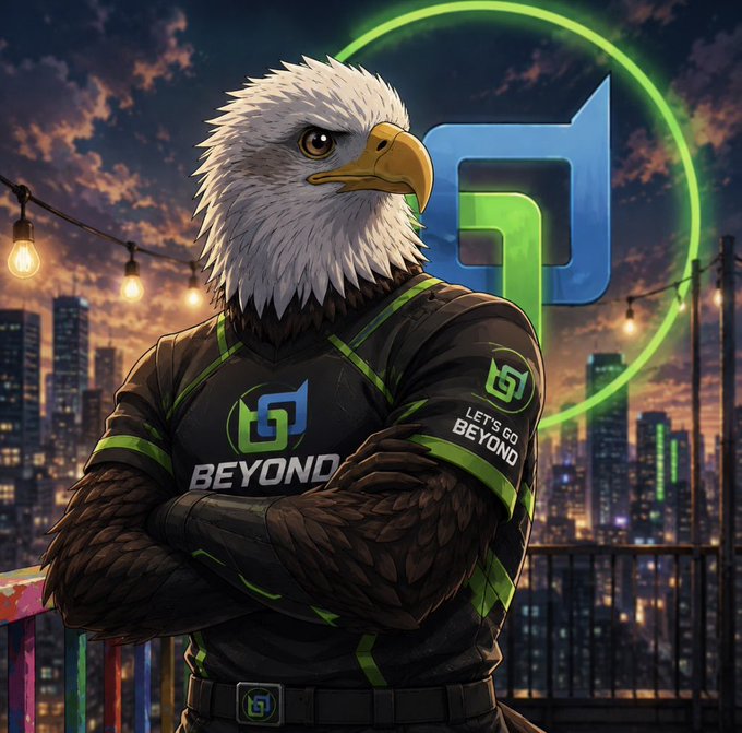 A digital illustration of a bald eagle character dressed in a black and green "LET'S GO BEYOND" jersey, posed with crossed arms against a neon-lit city skyline at dusk.