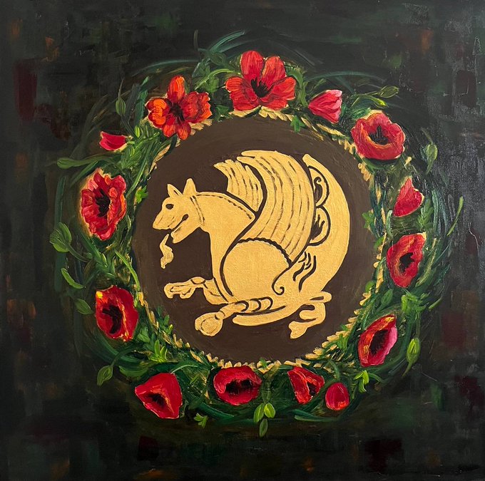 A painted artwork featuring a golden winged horse emblem encircled by a wreath of red flowers and green leaves on a dark background.