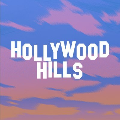 A graphic with 'HOLLYWOOD HILLS' in white block text over a stylized sunset sky with pink and blue clouds.