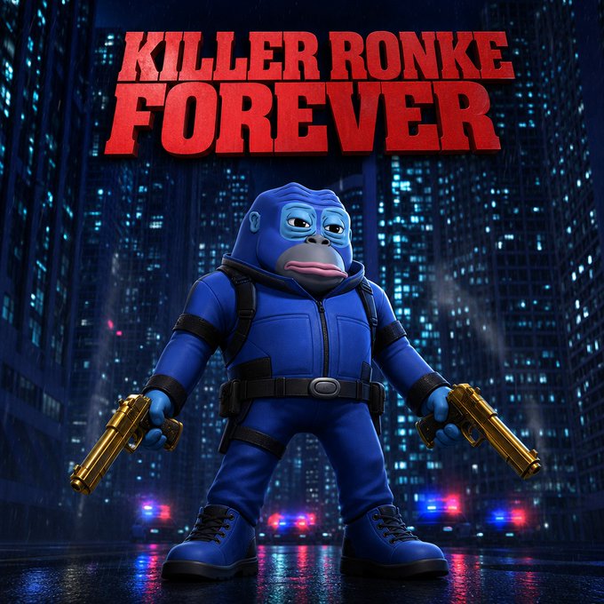 A 3D-rendered blue gorilla character in tactical gear holding two golden pistols, with bold red text reading 'KILLER RONKE FOREVER' against a nighttime cityscape background.