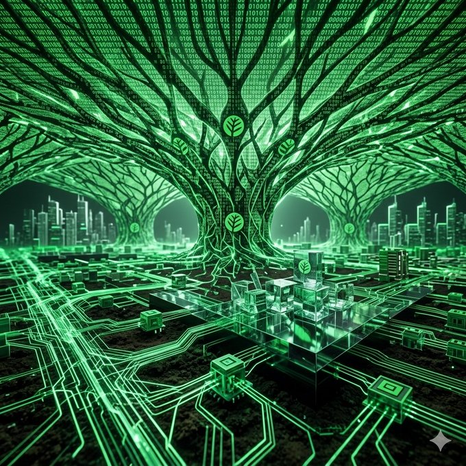 The image features an abstract scene with green lines and shapes, which could be interpreted as a representation of a complex network or circuit board. The background includes a cityscape filled with buildings, adding depth and context to the overall composition. The caption above the image provides some insight into what it represents, stating that "The hardest part of launching a blockchain has never been the idea itself. It'S the months of infrastructure work before you can build anything real. Inherited security from day one, deploy in minutes, graduate to a fully sovereign L1 when you're ready - not". This implies that the image is related to the process and challenges involved in building a successful blockchain network or system.