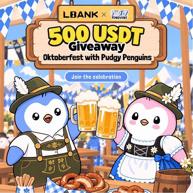 A cartoon-style promotional graphic for an 'LBANK x Pudgy Penguins' '500 USDT Giveaway' Oktoberfest celebration, featuring two animated penguins in traditional Bavarian attire clinking beer mugs alongside pretzels.