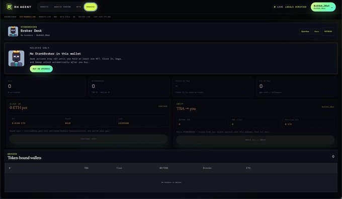 A dark-themed 'RH AGENT' dashboard interface showing a 'Broker Desk' overview with metrics for wallets, ETH poe, and TBA -> you swap functions.