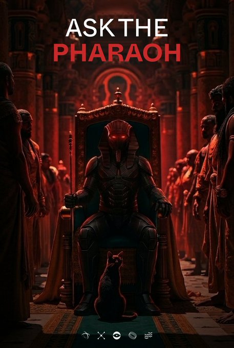 The image features a poster with an Egyptian pharaoh sitting on a throne surrounded by people dressed like ancient Egyptians, including a cat. The poster has a red background and white text that reads "Ask the Pharaoh".