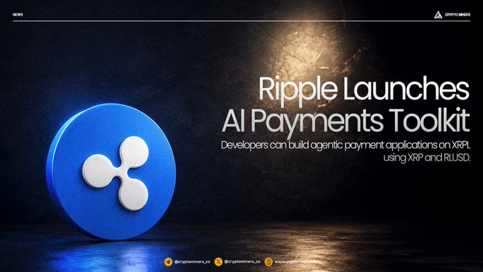 The image features a blue Ripple currency token with white dots, which is the main focus of the scene. Below the token, there's text that reads "Ripple Launches AI Payments Toolkit", indicating that the toolkit has been launched for use in developing AI-powered payments applications on the Ripple Ledger. The post also mentions that Ripple has introduced a developer toolkit to help build agentic payment applications using XRP Ledger and other cryptocurrencies, such as Bitcoin.