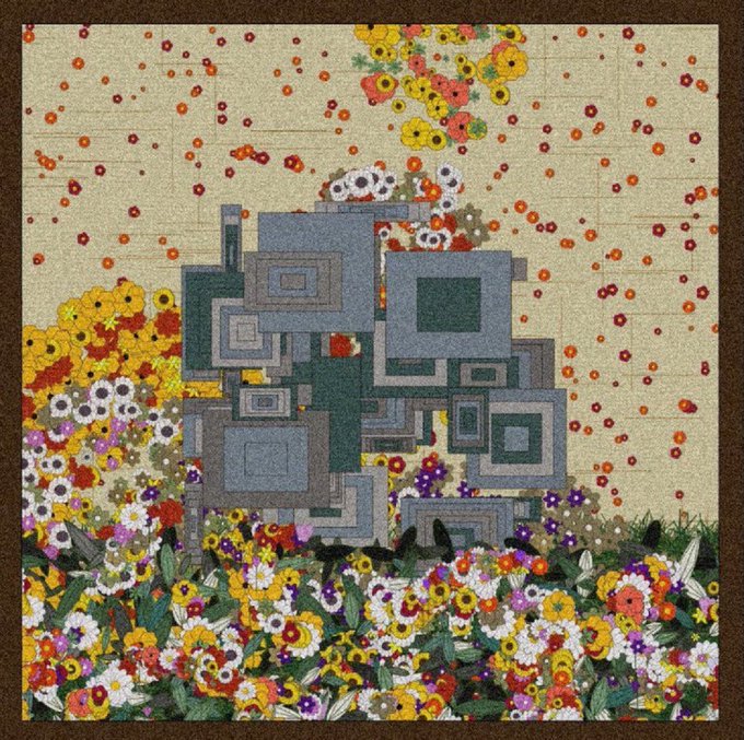 An artistic quilt or textile artwork depicting a geometric, abstract house-like structure made of blue and gray squares, set against a cream background with colorful floral patterns along the bottom and scattered flowers at the top.