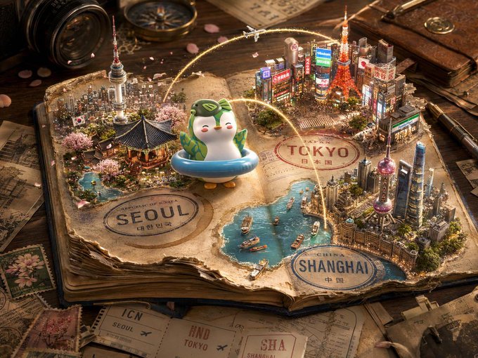The image features a miniature model of various cities, including Tokyo, Seoul, Shanghai, and Hong Kong, all depicted within a book-like structure. The city models are meticulously crafted with attention to detail, showcasing the creativity and skill involved in creating this unique art piece. The text "Pudgy Penguins" is also present in the image, which could be related to the artist's name or an interesting connection between the model cities and penguins.

The post about Pudgy Penguins has caught my attention as it seems to be a cultural phenomenon that has gained popularity on social media platforms. The post highlights the miniature city models and their significance in creating a visually appealing and engaging art piece, which can spark conversations and interest among viewers.