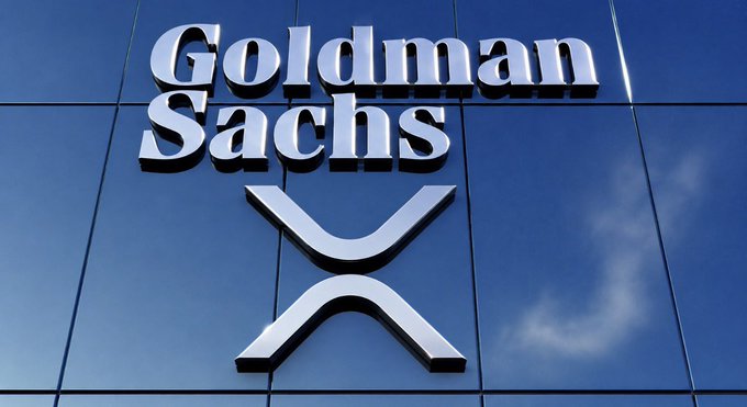 The image shows the metallic "Goldman Sachs" name and logo mounted on a reflective blue glass building facade. The accompanying post details Goldman Sachs' Q2 13F filing revealing $86.5M in exposure across five XRP ETFs, visually tying the bank's brand to its renewed institutional engagement with regulated XRP investment products.