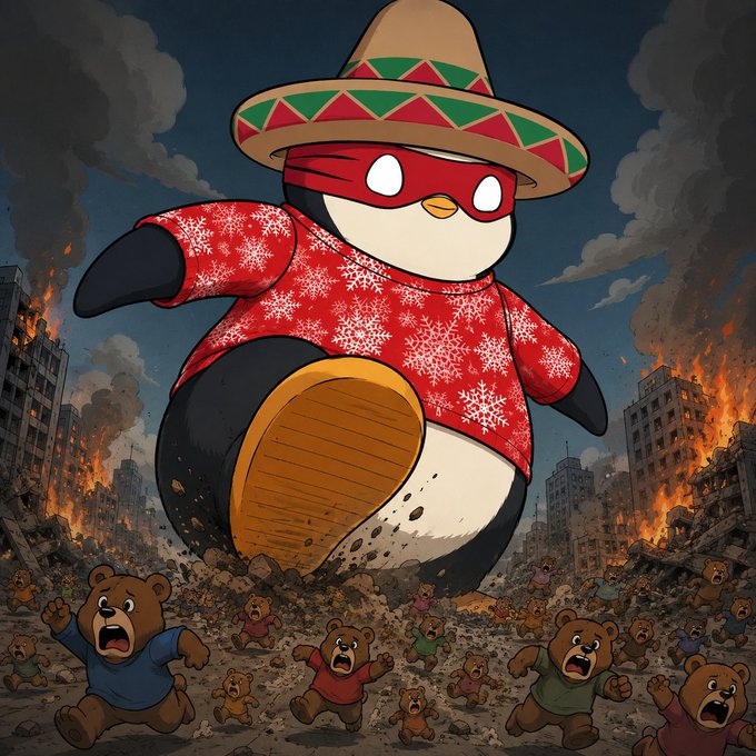 A giant penguin wearing a sombrero, red mask, and Christmas sweater stomps through a burning, destroyed city while fleeing smaller bears look on in terror.