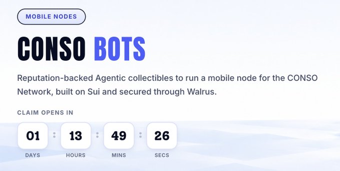A landing page for “CONSO BOTS” says it offers reputation-backed agent collectibles to run a mobile node, with a countdown showing 01 days, 13 hours, 49 mins, and 26 secs.