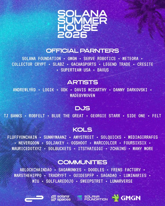 A purple and blue event poster for 'SOLANA SUMMER HOUSE 2026' listing official partners (Solana Foundation, GMGN, Meteora, etc.), artists, DJs, KOLs, and participating communities.