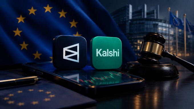 A promotional image features two app icons—one black with a geometric logo and one green labeled 'Kalshi'—resting on a smartphone displaying a stock chart, set against an EU flag backdrop with a gavel and government building.