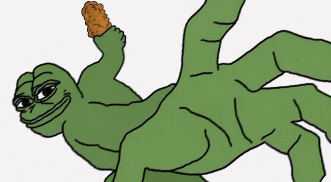 A smug green Pepe-style frog lounges while holding a fried chicken drumstick, representing the meme stock "$tendies" and the promise of massive gains ("violent repricing to billions") through the playful visual of celebrating with chicken tenders as profits.