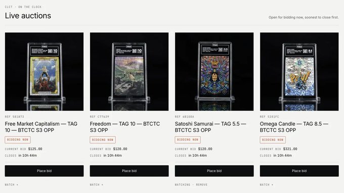 A webpage for 'CLET - ON THE BLOCK' live auctions featuring four graded trading cards (Free Market Kapitalism, Freedom, Satoshi Samurai, Omega Candle) with current bids around $125 and $321.