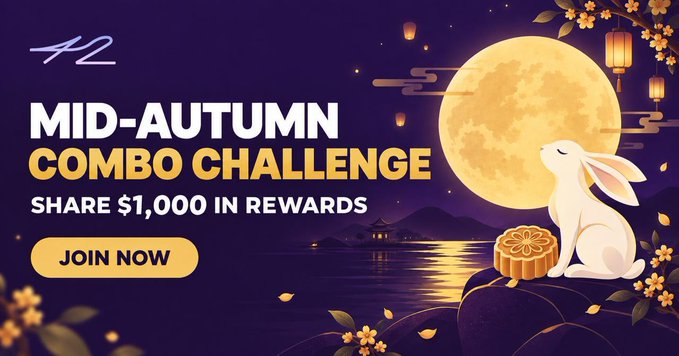 A promotional graphic for the "Mid-Autumn Combo Challenge" with a $1,000 reward pool, featuring a white rabbit beside a mooncake under a glowing full moon. The text invites viewers to "JOIN NOW," aligning with the announcement of a 10-day 42 Token Race Combo event running from Sept 21 to Oct 01 (UTC+8) to celebrate the Mid-Autumn Festival.