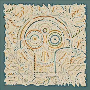 A cream-colored decorative plaque or artwork featuring colorful dotted patterns, swirling designs, and stylized eyes and figures in orange, blue, and green.