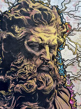 An artistic illustration depicts the bust of a bearded, classical-style figure with flowing hair, rendered in warm brown and golden tones against a stained-glass-like background.