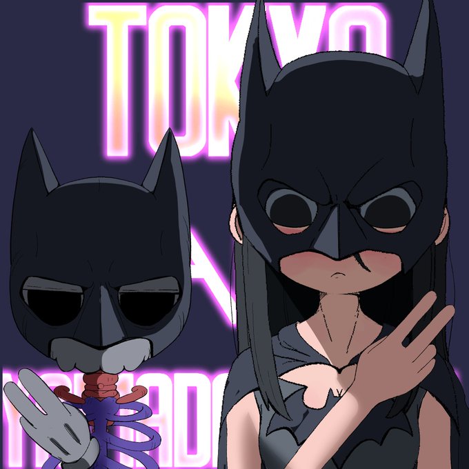 An animated illustration featuring a woman wearing a Batman-style cowl alongside a skeletal figure, with neon text reading 'TOKYO' and 'RIBBODR' in the background.