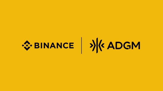 A yellow graphic displaying the logos for Binance and ADGM (Abu Dhabi Global Market) separated by a vertical line.