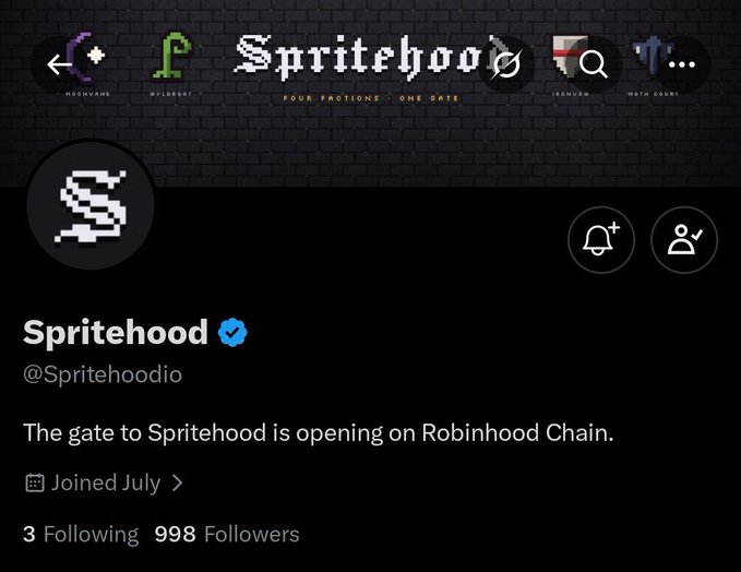 Twitter/X profile page for 'Spritehood' (@Spritehoodio) with banner 'FOUR FACTIONS • ONE FATE' and bio stating 'The gate to Spritehood is opening on Robinhood Chain.'