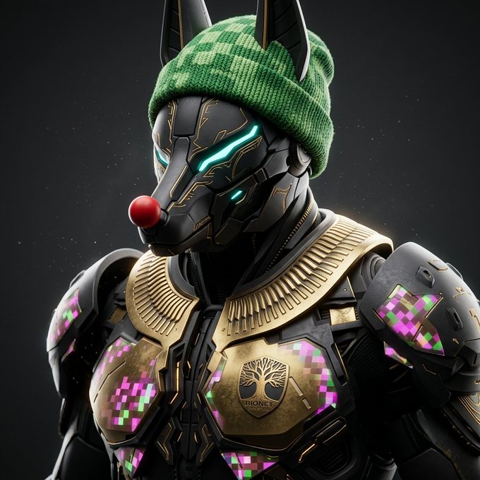 A 3D-rendered anthropomorphic wolf character wears a green knit beanie, a robotic mask with glowing cyan eyes and a red clown nose, and ornate black and gold armor featuring pixelated pink and green patterns and a "BIONET" emblem on the chest.