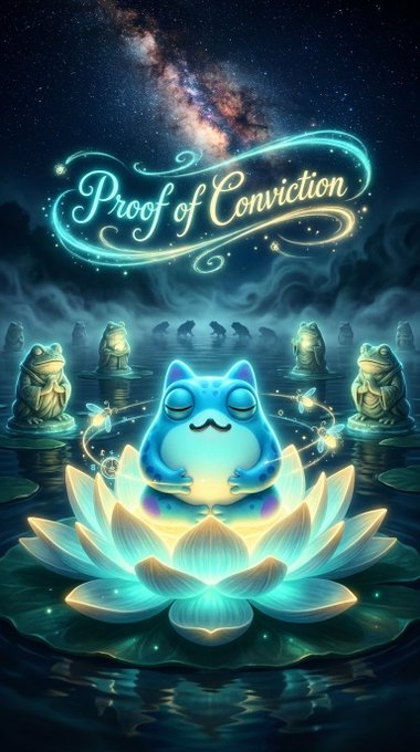 The image features a blue frog sitting on top of a lotus flower surrounded by other frogs. The text "Proof of Conviction" is written above the frog, and there are five more frogs surrounding the main frog. The background shows a dark sky with stars, creating an atmosphere of mystery and intrigue.
