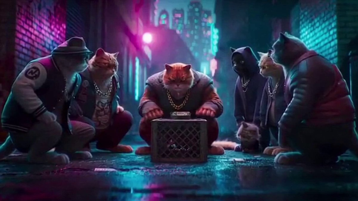 The image features a group of cats gathered around a small black crate, with one cat sitting inside the crate while others watch from outside. The scene takes place in an urban setting, possibly a city street at night. The caption for this image is "Focus on what is in the image and how it relates to the post".