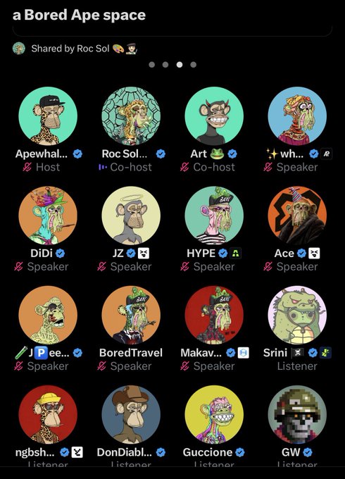 A Twitter Spaces interface titled "a Bored Ape space" shows a grid of 16 participants including Host Apewhale, Co-hosts Roc Sol and Art, and various speakers (DiDi, JZ, HYPE, Ace, BoredTravel, Pee..., Makav...) and listeners (Srini, ngbsh..., DonDiabl..., Guccione, GW), directly corresponding to the post's shoutouts to @apewhale, @rocsolmiami, and @ArtFrogling as hosts who invited the poster on stage.