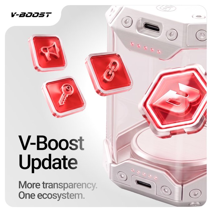 A promotional graphic for 'V-Boost Update' featuring 3D rendered red icons (megaphone, link, key) alongside a futuristic device, with the tagline 'More transparency. One ecosystem.'