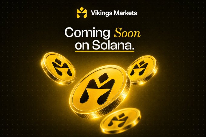 The image features a poster with a black background, yellow circles representing coins, and the text "Vikings Markets" written above them. The text also mentions that "coming soon on Solana". The poster seems to be promoting a new layer for token analysis or a new feature related to Solana tokens.