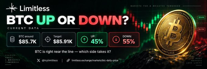 A promotional graphic from 'Limitless' asking 'BTC UP OR DOWN?' with current data showing BTC around $85.7K, a target of $85.91K, and odds of 45% UP and 55% DOWN.