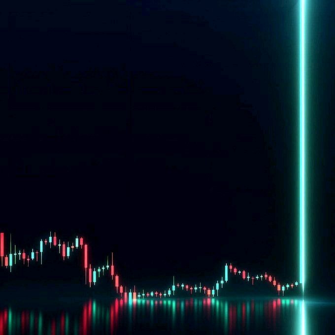 A dark stock market chart with red and green candlesticks, featuring a dramatic vertical cyan light beam shooting upward on the right side.