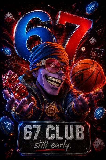 A promotional graphic for '67 CLUB still early' featuring a blue and red 67 logo, a grinning character holding dice and a basketball marked 67, with Telegram icons.